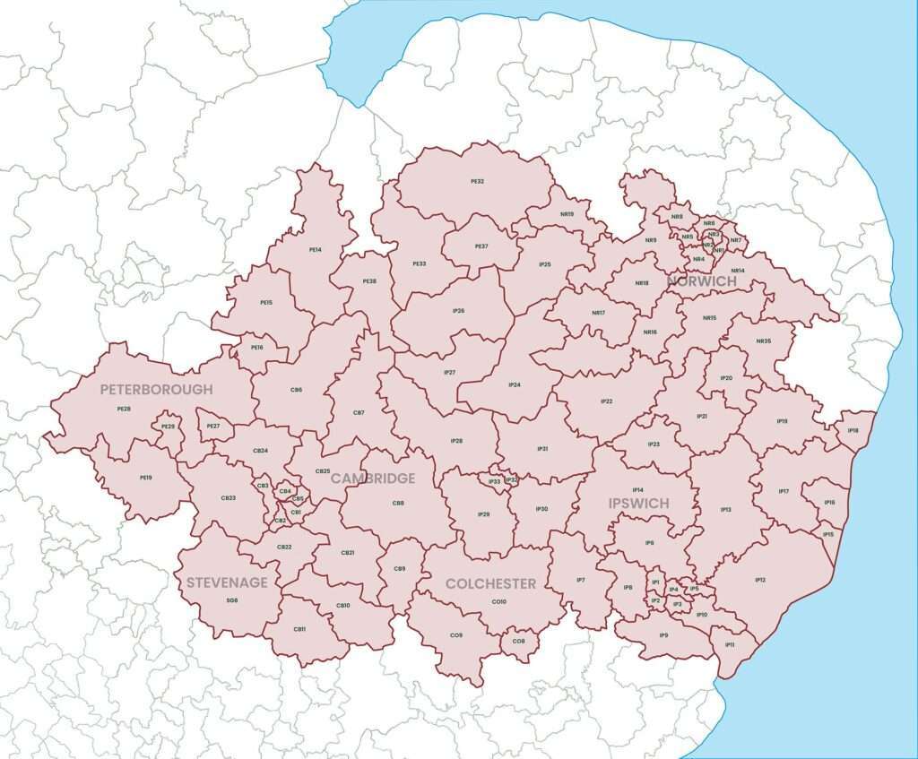 Opulence Stoves delivery area map covering Suffolk, Cambridgeshire, Norfolk and Peterborough