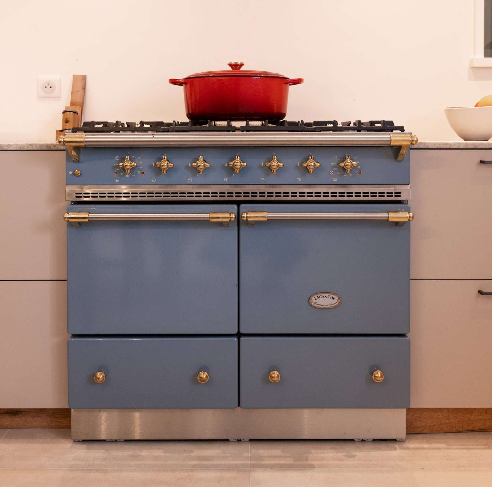 Lacanche dual cooker with a powder blue finish.