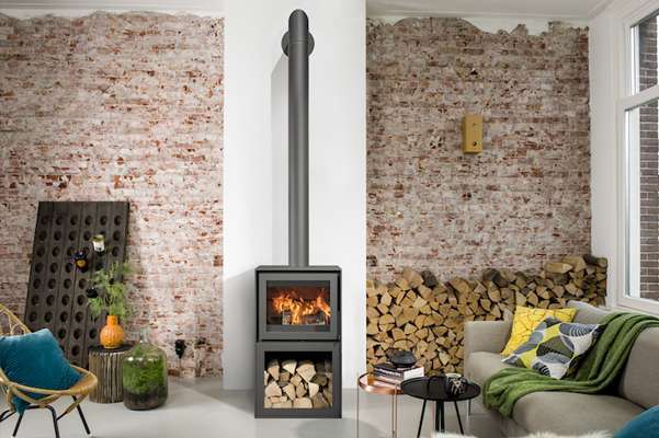 a barbas wood burning stove in a modern living room