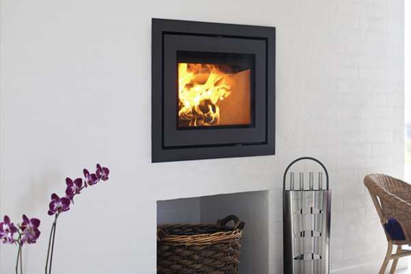 a heta wood burning stove in a modern living room