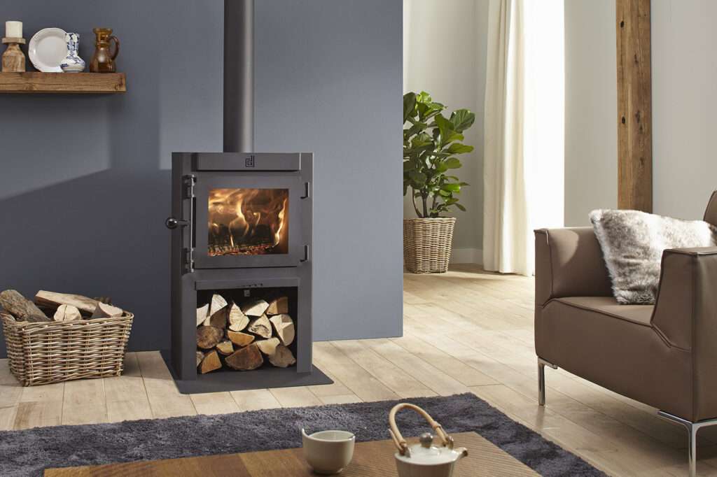 Dik Geurts Jannik wood burner with logstore in modern living room